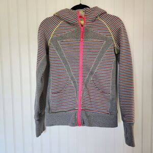 LULULEMON IVIVVA Girls Gray Pink Stripe Scuba Hoodie Jacket Zip Sweater 12